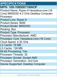 AMD 100-100000719WOF Ryzen 9 9000 (2nd Gen) 9950X3D (16 Core) 4.30 GHz Processor