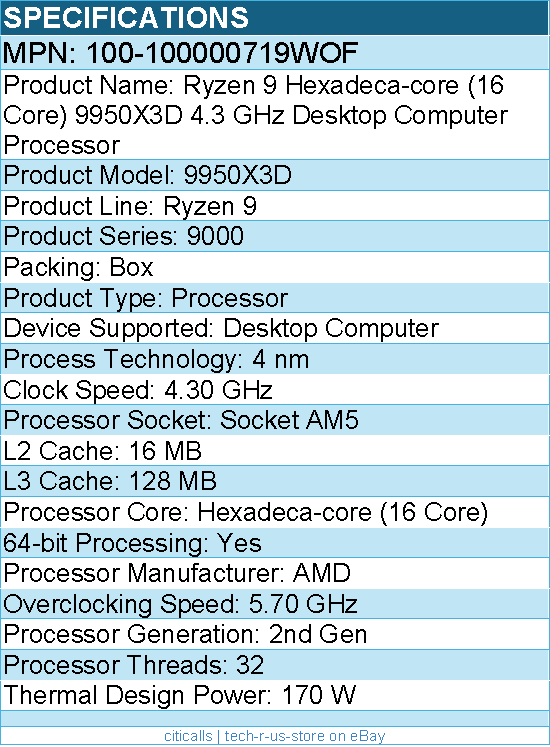 AMD 100-100000719WOF Ryzen 9 9000 (2nd Gen) 9950X3D Hexadeca-core - Processor