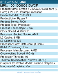 AMD 100-100000910WOF Ryzen 7 7000 7800X3D Octa-core 4.20 GHz Processor