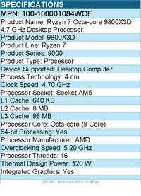 AMD 100-100001084WOF Ryzen 7 9000 9800X3D Octa-core 4.70 GHz Processor