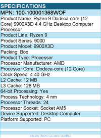 AMD 100-100001368WOF Ryzen 9 9900X3D Dodeca-core 4.40 GHz Processor