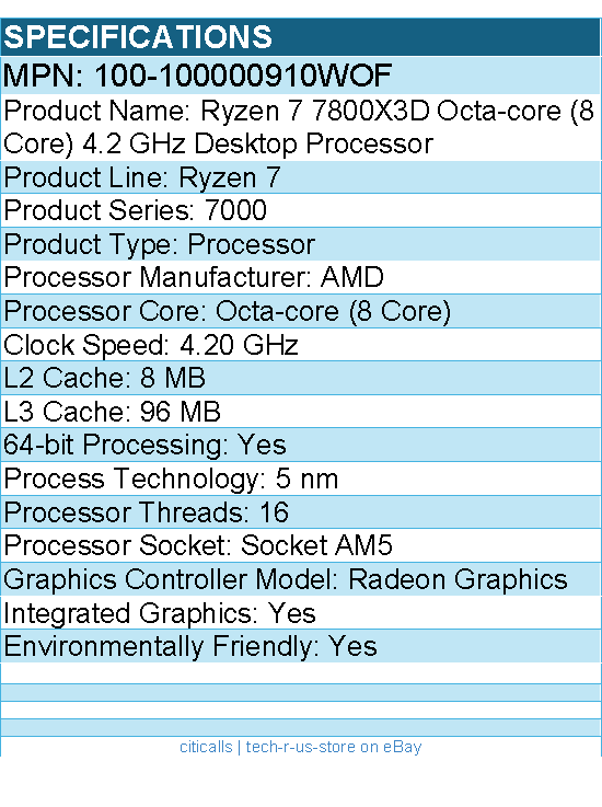 AMD 100-100000910WOF Ryzen 7 7000 7800X3D Octa-core (8 Core) 4.20 GHz Processor