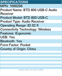 EPOS 1000206 BTD 800 USB-C Audio Receiver - 82.02 ft - Wireless - Pocket