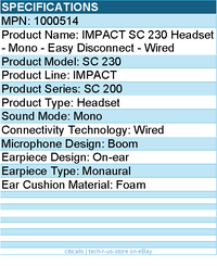 EPOS 1000514 IMPACT SC 230 Headset - Mono - Easy Disconnect - Wired - Lightweigh