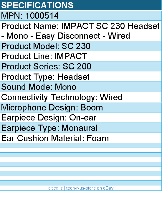 EPOS 1000514 IMPACT SC 230 Headset - Mono - Easy Disconnect - Wired - Lightweigh