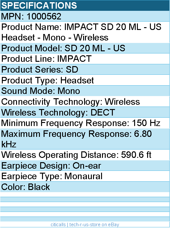 EPOS 1000562 IMPACT SD 20 ML - US Headset - Mono - Wireless - DECT