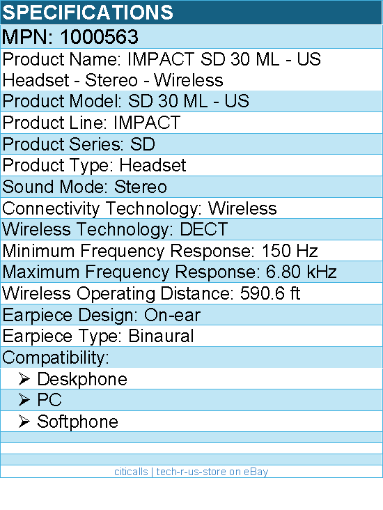 EPOS 1000563 IMPACT SD 30 ML - US Headset - Stereo - Wireless - DECT