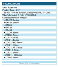 Zebra 10005851 6/Pk 4"x2" Thermal Trans Adhesive Label Smooth Paper 1320/Roll