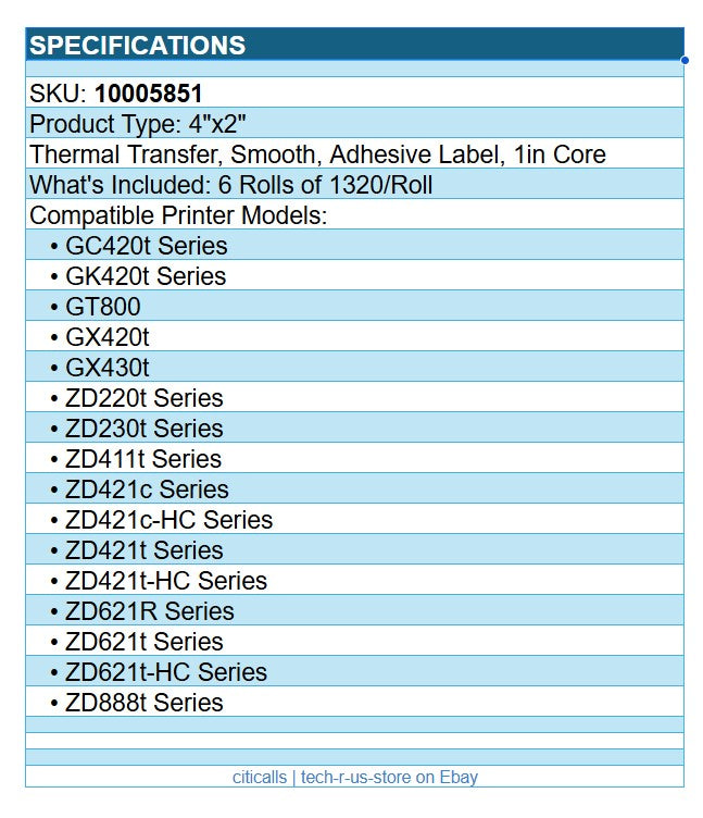 Zebra 10005851 6/Pk 4"x2" Thermal Trans Adhesive Label Smooth Paper 1320/Roll