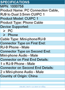 EPOS 1000758 PC Connection Cable, RJ9 to Dual 3.5mm CUIPC 1 - Mini-phone/RJ-9