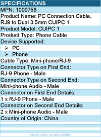 EPOS 1000758 PC Connection Cable, RJ9 to Dual 3.5mm CUIPC 1 - Mini-phone/RJ-9