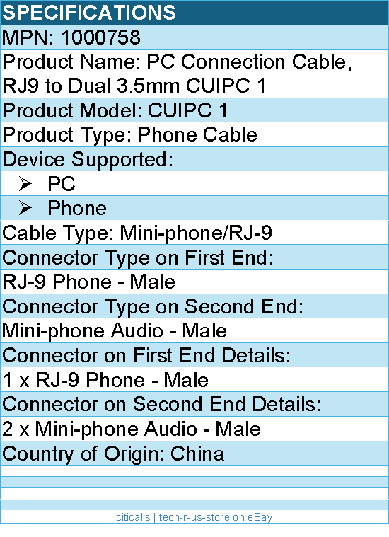 EPOS 1000758 PC Connection Cable, RJ9 to Dual 3.5mm CUIPC 1 - Mini-phone/RJ-9