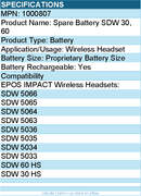 EPOS 1000807 Spare Battery SDW 30, 60 - For Wireless Headset - Battery