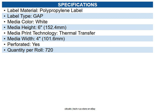 Zebra 10008530 Polypro 4000t Kimdura Polypropylene Labels Bright White - 4" X 6"