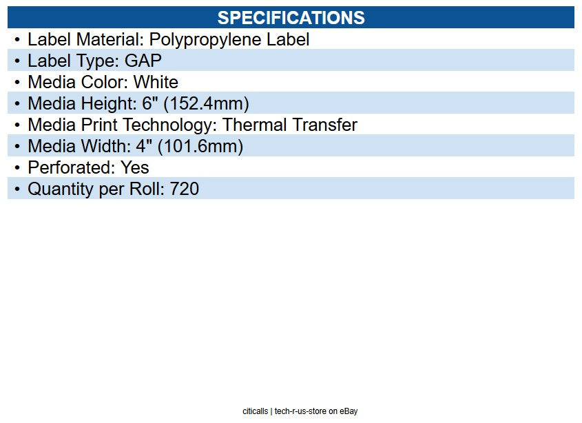 Zebra 10008530 Polypro 4000t Kimdura Polypropylene Labels Bright White - 4" X 6"