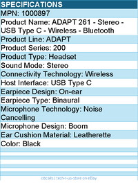 EPOS 1000897 ADAPT 261 - Stereo - USB Type C - Wireless - Bluetooth