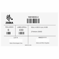 Zebra 10010035-3 Label Paper 4 x 6in Direct Thermal Zebra Z-Perform 2000D