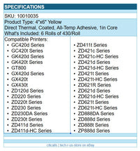 Zebra 10010035 6/Pk 4"x6" Direct Thermal Transfer Adhesive Label Paper 430/Roll