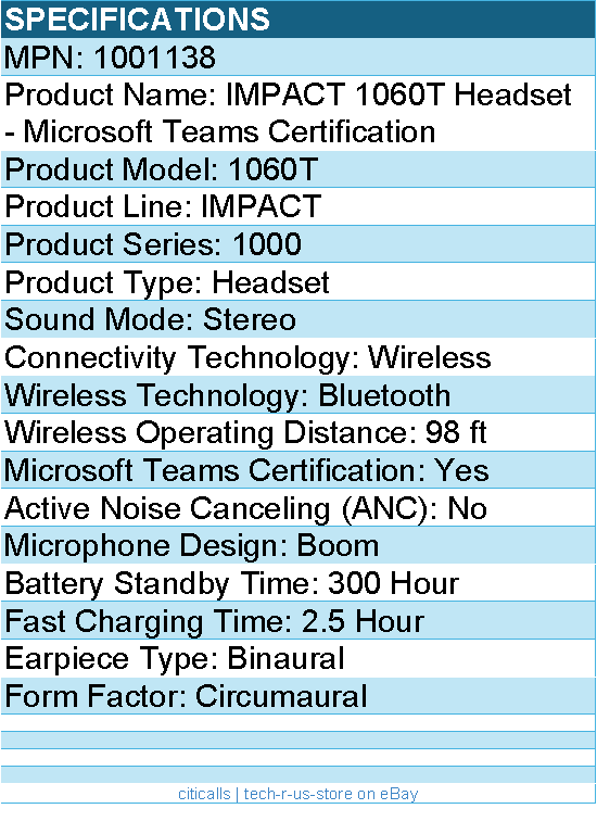 EPOS 1001138 IMPACT 1060T Headset - Microsoft Teams Certification