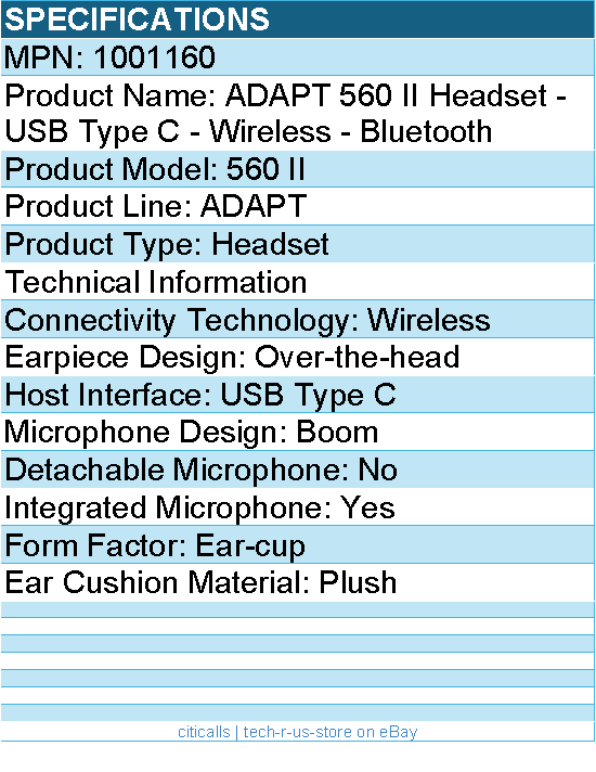 EPOS 1001160 ADAPT 560 II Headset - USB Type C - Wireless - Bluetooth