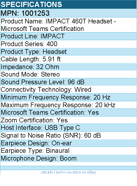 EPOS 1001253 IMPACT 460T Headset - Microsoft Teams Certification - Stereo