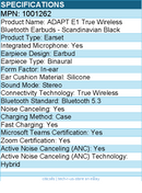 EPOS 1001262 ADAPT E1 True Wireless Bluetooth Earbuds - Scandinavian Black