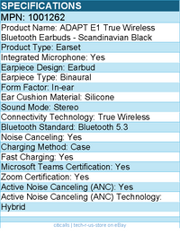 EPOS 1001262 ADAPT E1 True Wireless Bluetooth Earbuds - Scandinavian Black