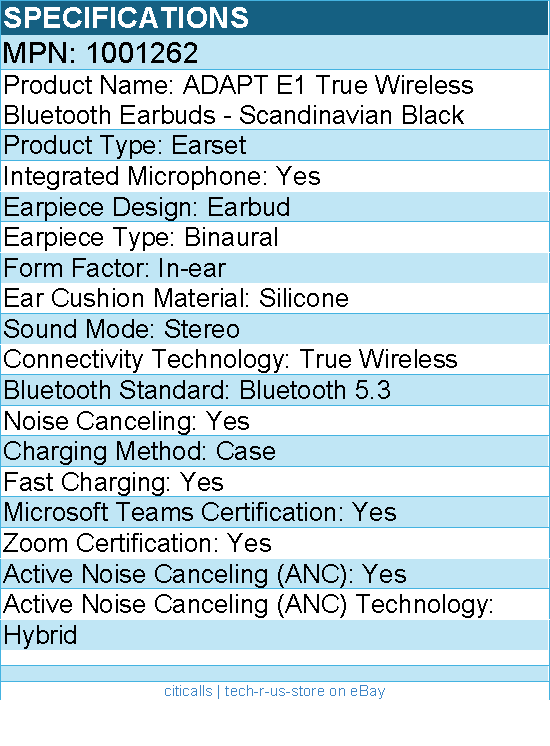 EPOS 1001262 ADAPT E1 True Wireless Bluetooth Earbuds - Scandinavian Black
