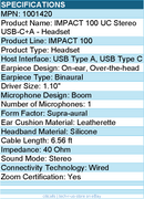 EPOS 1001420 IMPACT 100 UC Stereo USB-C+A Headset - Wired - 6.56 ft