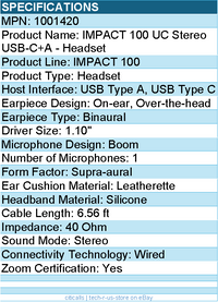 EPOS 1001420 IMPACT 100 UC Stereo USB-C+A Headset - Wired - 6.56 ft