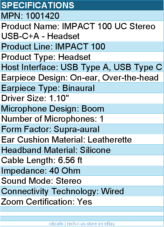 EPOS 1001420 IMPACT 100 UC Stereo USB-C+A Headset - Wired - 6.56 ft