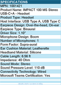 EPOS 1001421 IMPACT 100 MS Stereo USB-C+A Headset - Wired - 6.56 ft