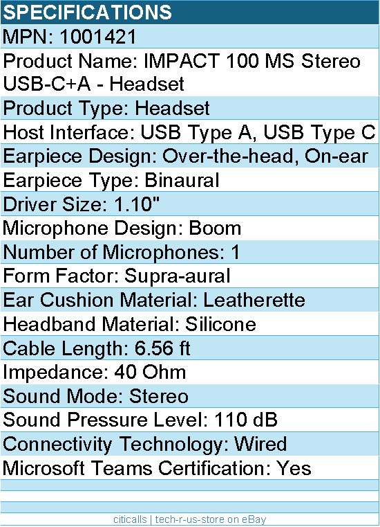 EPOS 1001421 IMPACT 100 MS Stereo USB-C+A Headset - Wired - 6.56 ft