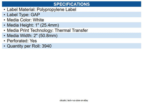 Zebra 10014716 Polypro 4000t Kimdura Polypropylene Labels White - 2" x 1"