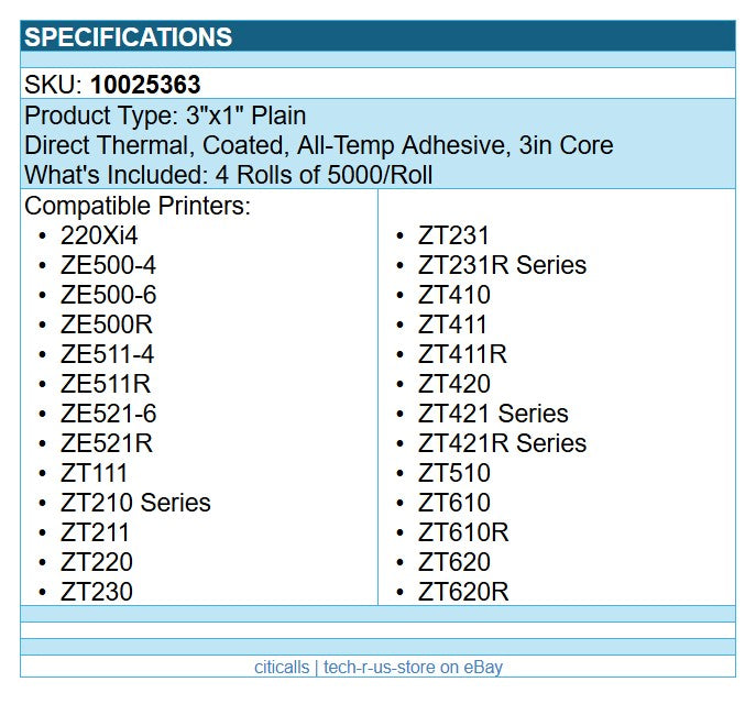 Zebra 10025363 4/Pk 3"x1" Direct Thermal All-Temp Adh Label WHTE Plain 5000/Roll