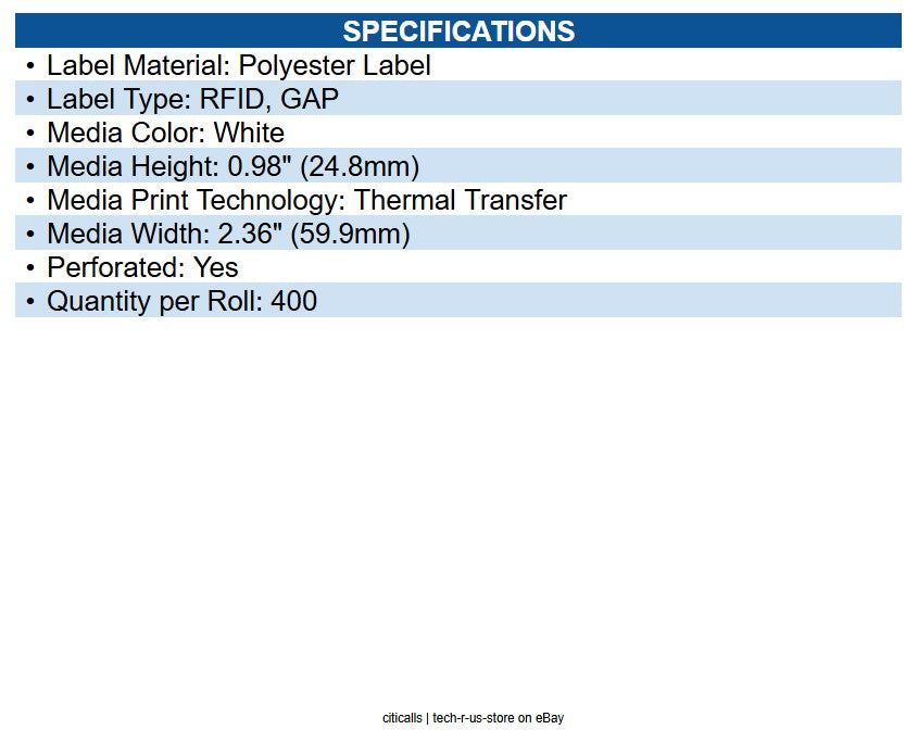 Zebra 10026768 RFID Label Rectangle - Synthetic, Polyester