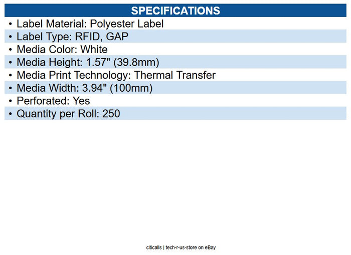 Zebra 10026770 Label, Synthetic, 3.94x1.5748in (100x40mm); TT, RFID Polyester