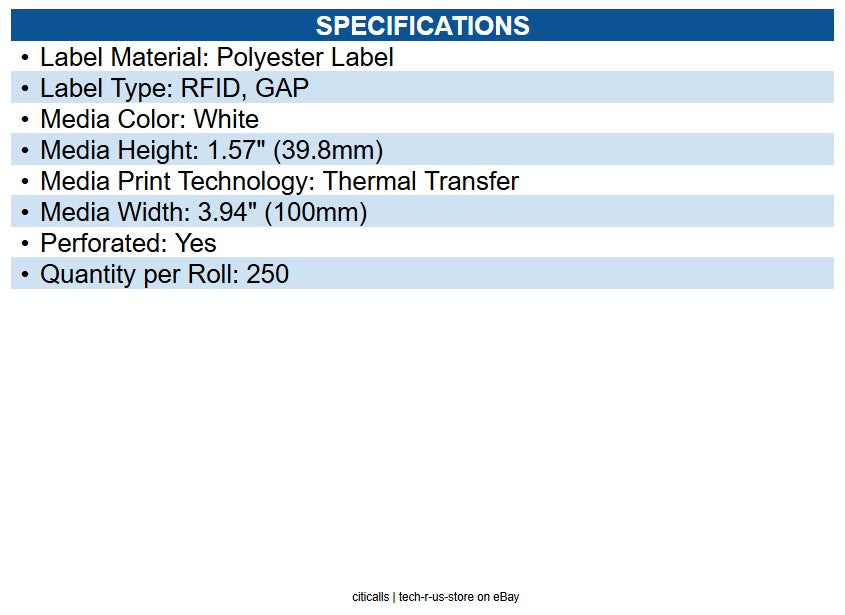 Zebra 10026770 Label, Synthetic, 3.94x1.5748in (100x40mm); TT, RFID Polyester