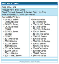 Zebra 10041924 12/Pk 4"x6" Direct Thermal Adhesive Label Paper White 440/Roll