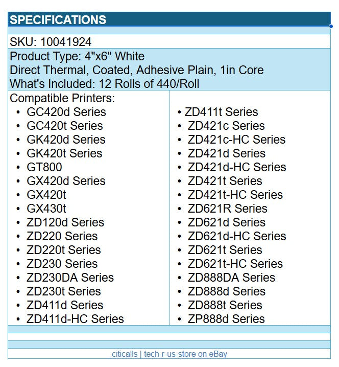 Zebra 10041924 12/Pk 4"x6" Direct Thermal Adhesive Label Paper White 440/Roll