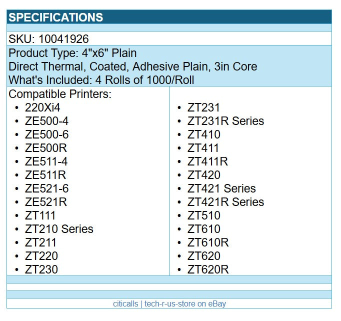 Zebra 10041926 4/Pk 4"x6" Direct Thermal Adhesive Coated Label Paper 1000/Roll