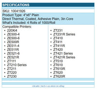 Zebra 10041926 4/Pk 4"x6" Direct Thermal Adhesive Coated Label Paper 1000/Roll