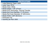 Zebra 10041944 RFID Z-perform 1500t Thermal Transfer label 3.88" X 1.06", 3"