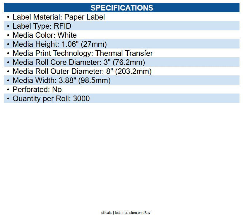 Zebra 10041944 RFID Z-perform 1500t Thermal Transfer label 3.88" X 1.06", 3"