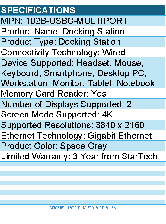 StarTech 102B-USBC-MULTIPORT USB C Docking Station, Dual 4K 60Hz