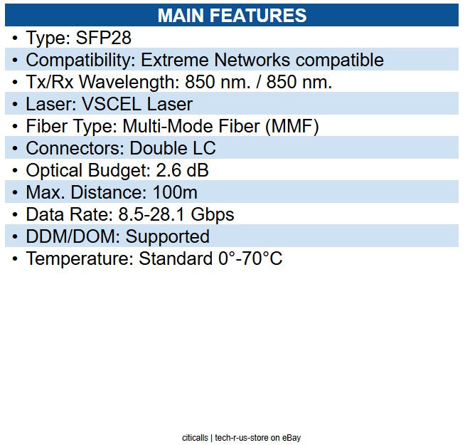 Extreme Networks 10502 compatible 25G SR SFP28 100m Lite-FEC Module
