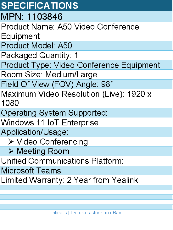 Yealink 1103846 A50 Video Conference Equipment For Video Conferencing