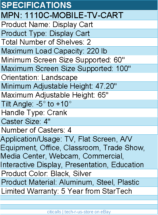 StarTech 1110C-MOBILE-TV-CART Rolling TV Cart/Stand On Wheels - Black, Silver