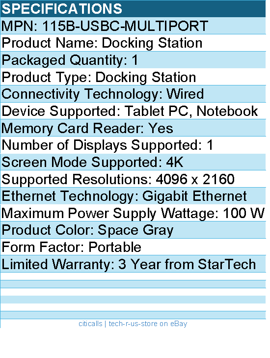 StarTech 115B-USBC-MULTIPORT USB C Multiport Adapter, 4K 60Hz - Docking Station
