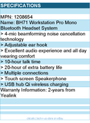 Yealink Headset 1208654 BH71 Workstation Pro Mono Bluetooth Headset System RTL